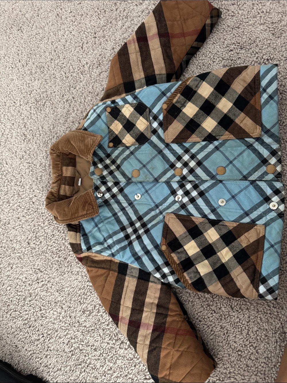 Burberry Kids Quilted Plaid Puffer Jacket in Light Blue and Brown